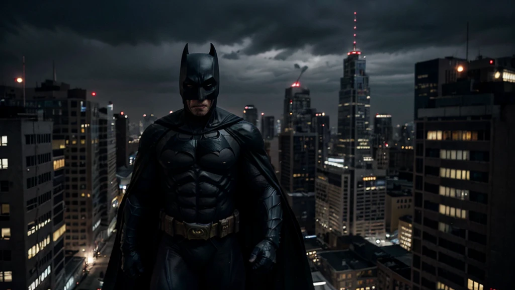 Creates a realistic, dark image of an older Batman inspired by the comic 'The Dark Knight Returns'. He displays a full-body action pose of a grey-haired and muscular Batman, his suit worn from years of battle. Batman must be on top of a building, gliding with his cape, throwing a batarang, or hanging from a rope. He highlights the age lines on his face, showing his determination and experience. The background should be a dark and gloomy Gothic city, with dramatic lighting that emphasizes the intensity of the scene. Capture the epic, almost mythical nature of an aging Dark Knight still fighting for justice.