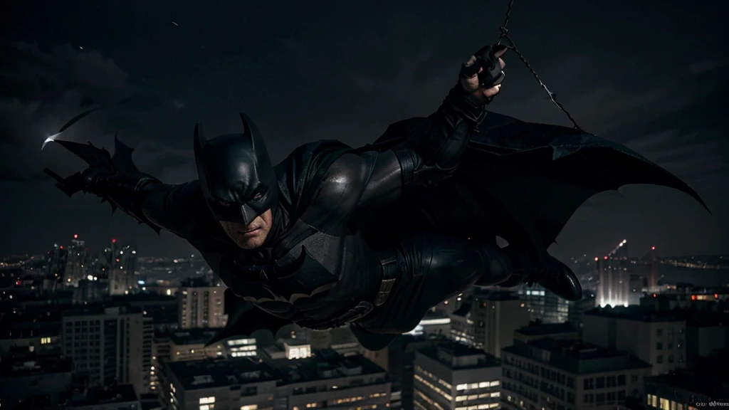 Creates a realistic, dark image of an older Batman inspired by the comic 'The Dark Knight Returns'. He displays a full-body action pose of a grey-haired and muscular Batman, his suit worn from years of battle. Batman must be on top of a building, gliding with his cape, throwing a batarang, or hanging from a rope. He highlights the age lines on his face, showing his determination and experience. The background should be a dark and gloomy Gothic city, with dramatic lighting that emphasizes the intensity of the scene. Capture the epic, almost mythical nature of an aging Dark Knight still fighting for justice.