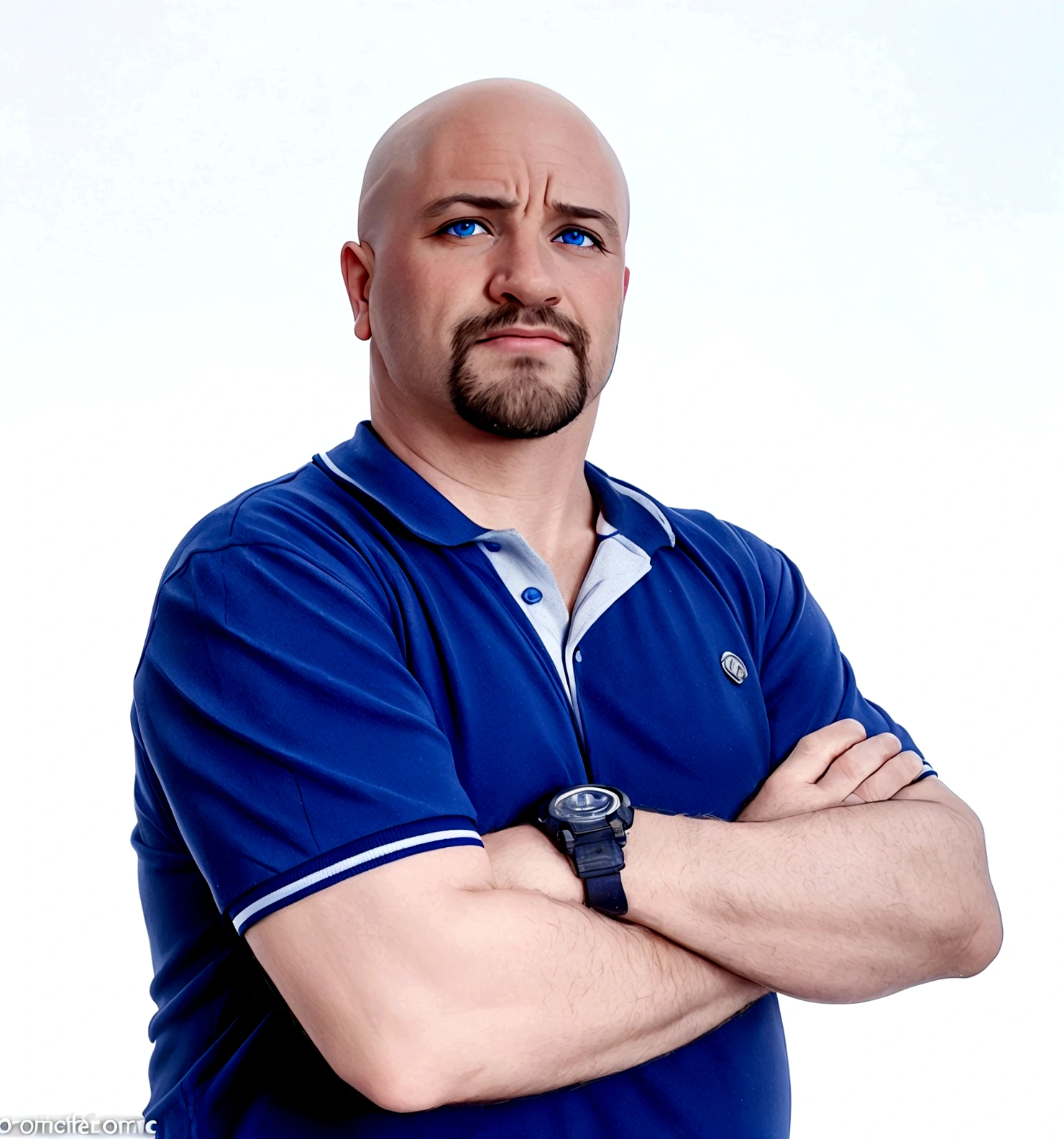 Gorgeous Man, slow down, bald and blue shirt, Portrait photo, blue colored eyes, stark.