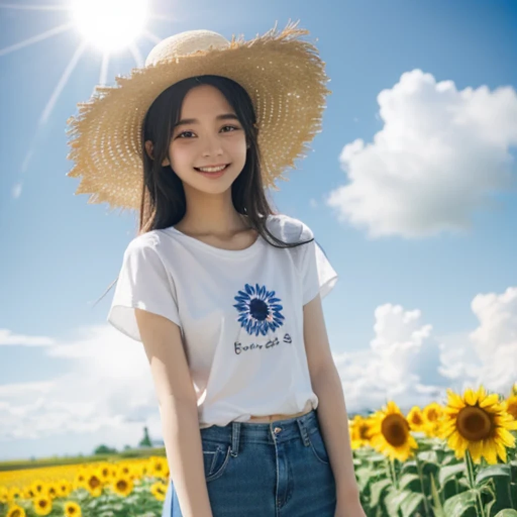 Japanese、18-year-old、Very slim、((Smiling))、Summer clothing、Blue sky、White cloud、sunflower、Straw hat、T-Shirts、Shorts