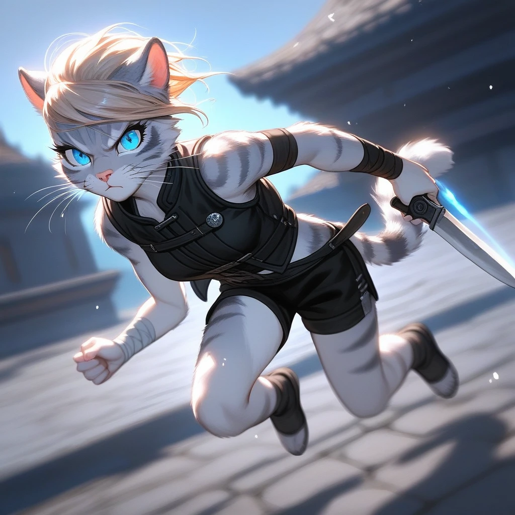 Solo, score_9,score_8_up,score_7_up, source_cartoon, cartoon, kat, Anthro furry feline, female, tall slender body, long blonde hair, long undercut hair, pink nose, blue eyes, white whiskers, silver fur, grey stripes, furry body, wearing black cloth vest, black leather medieval vest, black short shorts, adventuring gear, feet wrapped in bandages, plantigrade feet paws, holding two knives, Naruto running, running towards viewer, angry expression, glowing blue eyes, outdoors, from above, dynamic action shot, speed lines, motion blur, hands behind back