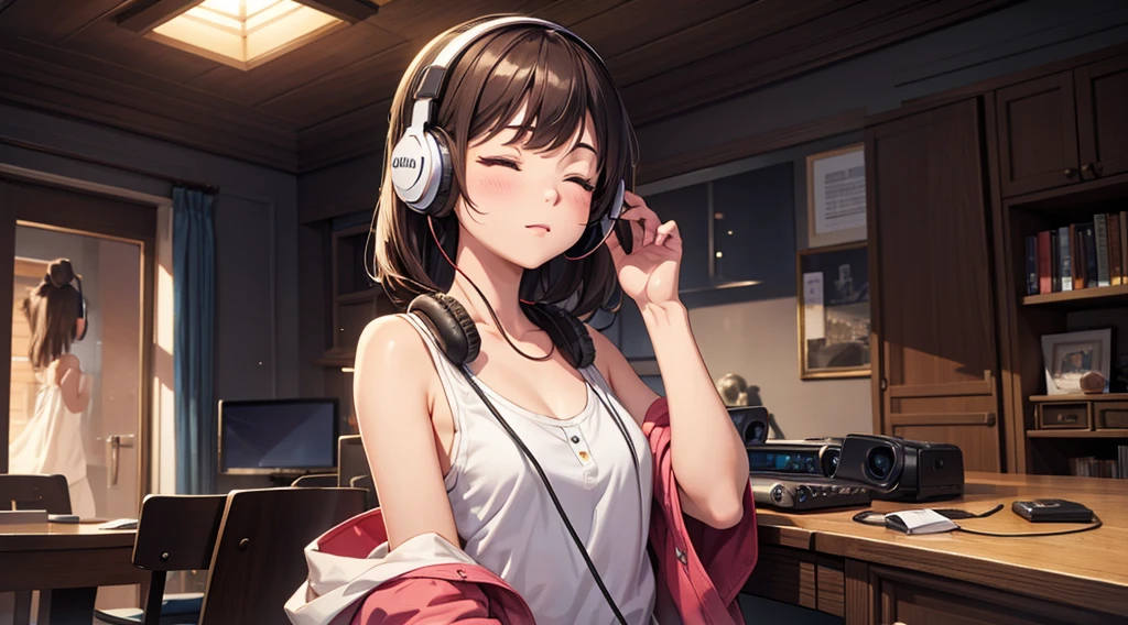 Girl with headphones enjoying music in a home I am studying Emphasize a little bit of the big chest Looking towards me with eyes closed Night Background