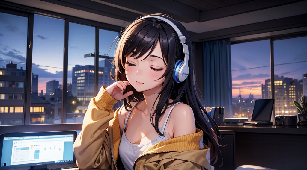 Girl with headphones enjoying music in a home　I am studying　Emphasize a little bit of the big chest　Looking towards me with eyes closed　Night Background