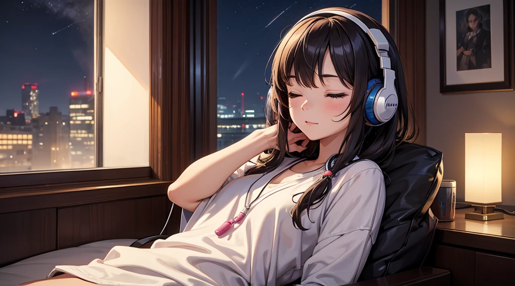 Girl with headphones enjoying music in a home I am studying Emphasize a little bit of the big chest Looking towards me with eyes closed Night Background
