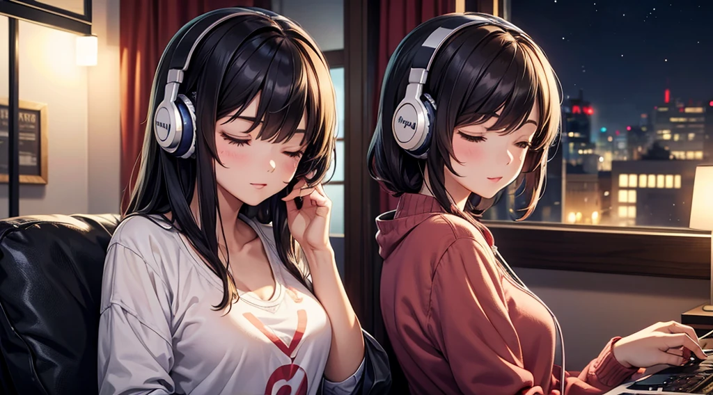 Girl with headphones enjoying music in a home　I am studying　Emphasize a little bit of the big chest　Looking towards me with eyes closed　Night Background