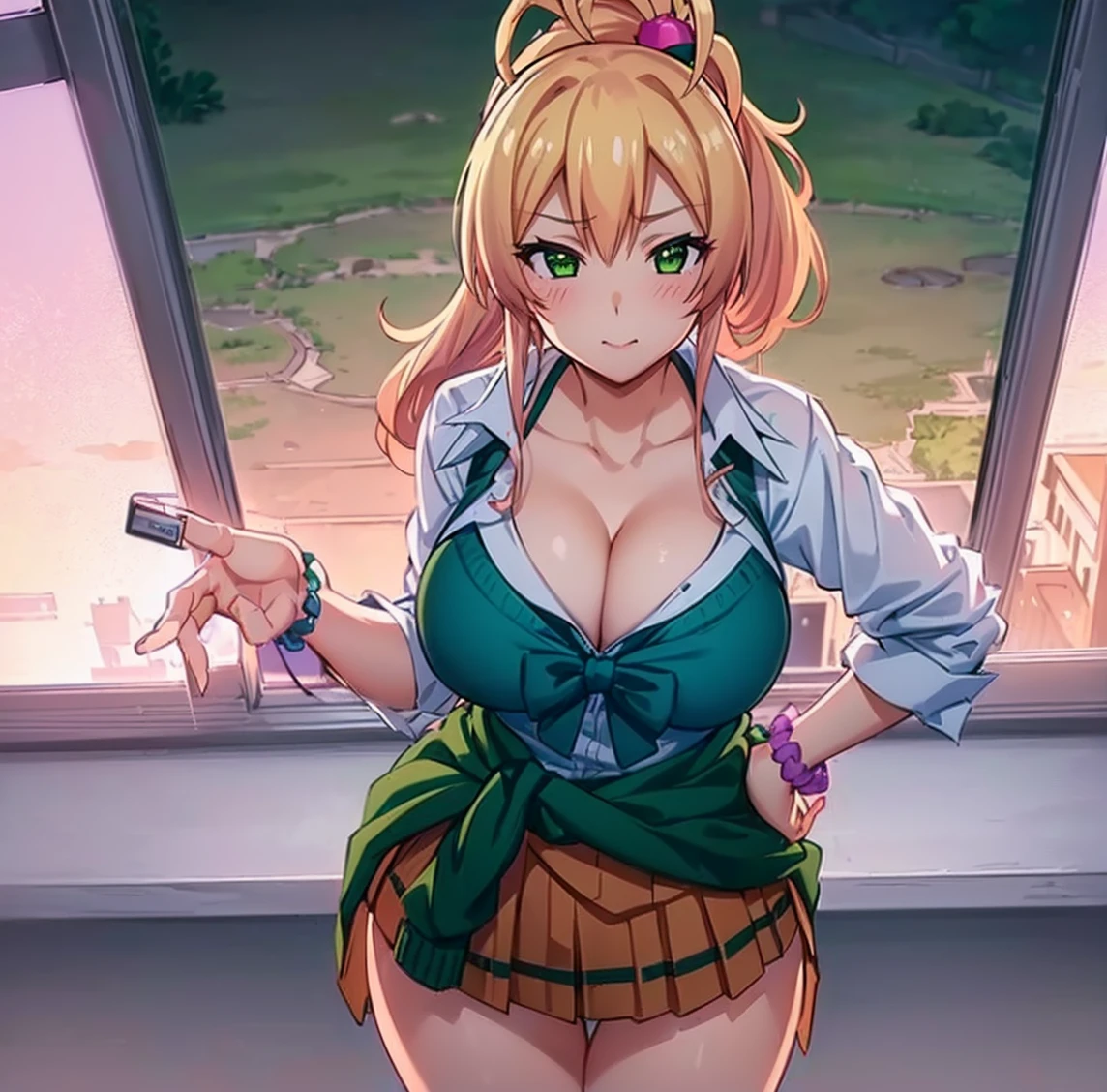 ((1girl)), ((alone)),Yukana Yame, ((extremely detailed CG unity 4k wallpaper)), (masterpiece), (ultra quality), (ultra detailed), (best illustration), (best shadow), (extremely detailed), looking at viewer, (absurdities), (detailed background), curvy body, dynamic pose, cowboy photo, large breasts, medium waist, wide hips, wide thighs, round butt, ((hair blonde, skirt, clothes around the waist, phone, gyaru, cell phone, jewelry, breasts, green eyes, cleavage, kogal, smile, sweater around the waist, green skirt, bracelet, shirt, ponytail, , long hair, bun, scrunchie, green sweater, pleated skirt, smartphone, white shirt, neckline, hair ornament, green bow tie )),smile, mouth closed)), standing, cowboy photo, backlight, ((solo)), ((standing: 1.4, interior, library, window, sunset,,(seductive expression, blushing, ,sexy, closed mouth, sexy pose), looking forward, ((focus on breasts), point of view: (from above), perfect anatomy, perfect hands,