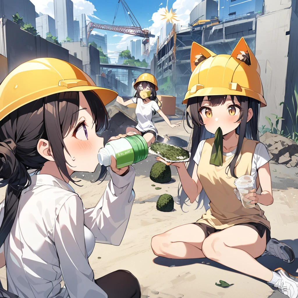 two girls,one woman with a yellow helmet with cat ears, a towel draped over her shoulder, a running shirt, a beige belly warmer, and knickerbockers is taking a break, sitting on the ground and biting into a big rice ball with nori seaweed on it with her mouth wide open, a road construction site, dazzling sun, sweat pouring out, other girl in a white yukata sitting next to her, pouring tea into a water bottle lid and offering it to the woman in the helmet,
