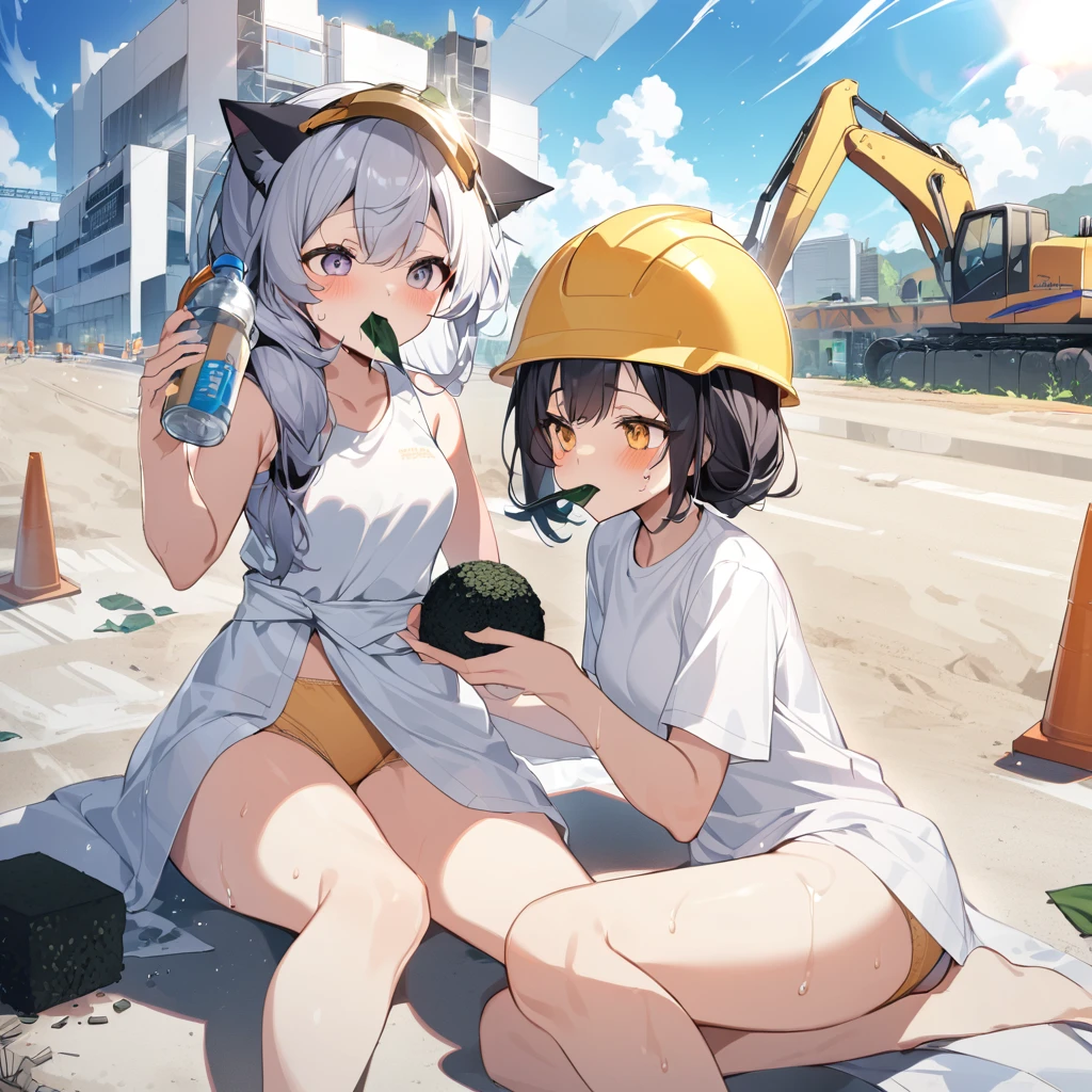 two girls,one woman with a yellow helmet with cat ears, a towel draped over her shoulder, a running shirt, a beige belly warmer, and knickerbockers is taking a break, sitting on the ground and biting into a big rice ball with nori seaweed on it with her mouth wide open, a road construction site, dazzling sun, sweat pouring out, other girl in a white yukata sitting next to her, pouring tea into a water bottle lid and offering it to the woman in the helmet,