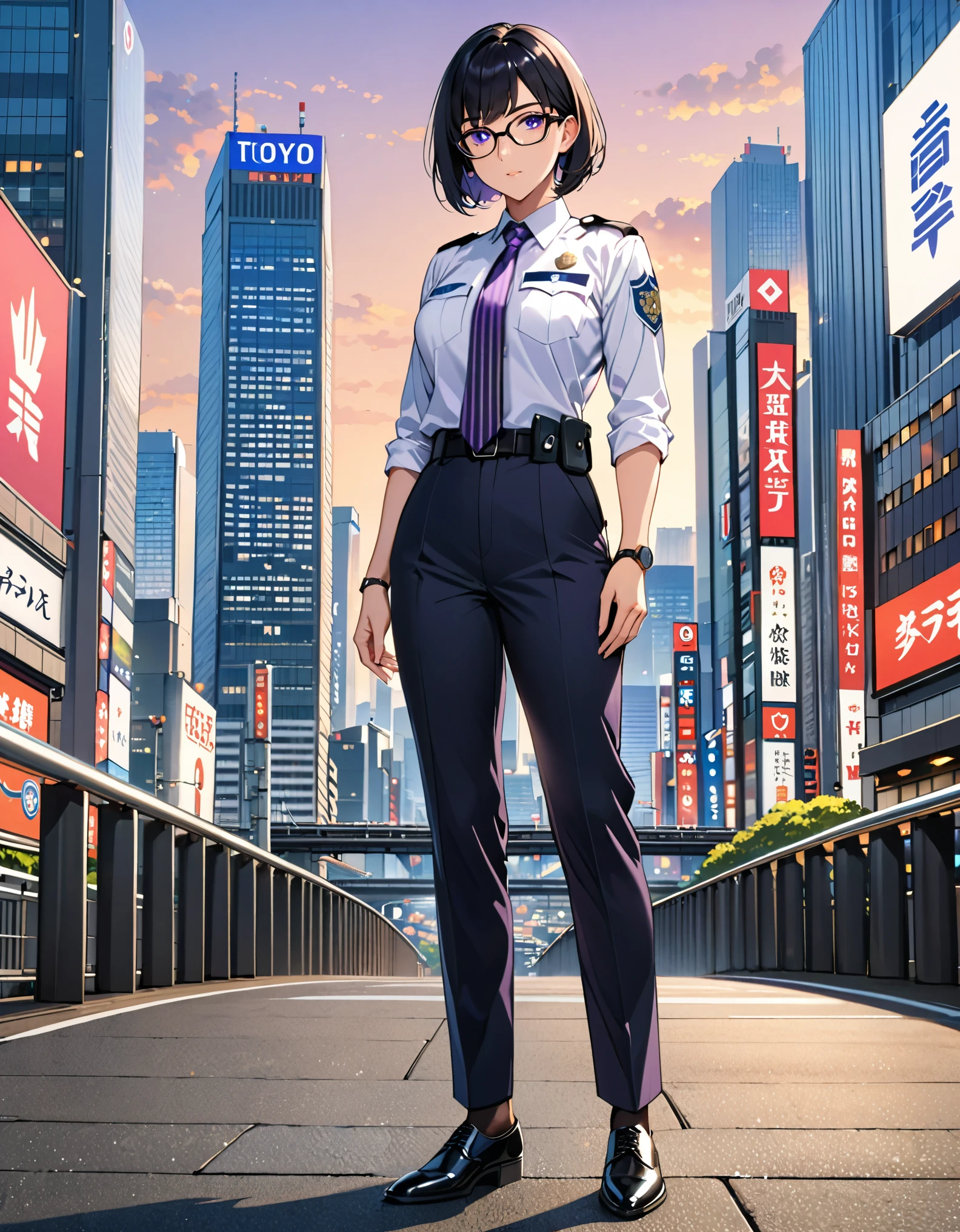 masterpiece, best quality, medium breasts, solo, (jet black hair, short hair, bob hair, purple eyes, bangs), (full body), city backdrop, tokyo city backdrop, solo, solo focus, standing, japanese police uniform, glasses, (white shirt), (black pants, tie), matching shoes, badge, (perfect hands, perfect anatomy), cowboy shot, superhero, ((beautiful detailed eyes)).