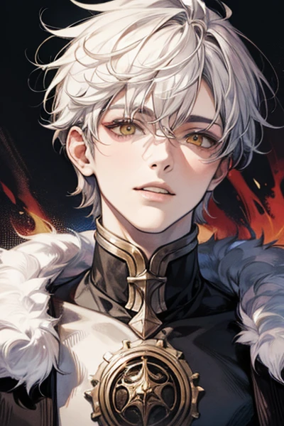 masterpiece, alone, 1 male, short hair, White Hair, (Delicate yellow eyes), Black Leather, fur, Smile Facial,Dragon Armor,battlefield,Covered in blood,hell