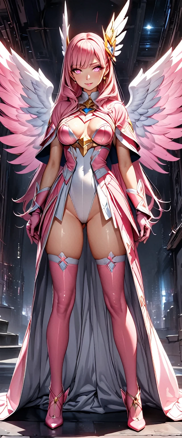 (Perfect Anatomy)、Mastepiece、Ultra High Quality、 8K、masterpiece、Highest quality、Ultra-high resolution、Maximum resolution、Very detailed、Professional Lighting、anime、woman、thin、so beautiful、Highly detailed eye、Highly detailed face、Golden earrings、Pink Hair,、Pink eyes、Mid-chest, pink lips, upper arm pink armor, white leotard, pink pattern, full body, magical girl, Angel Girl, Are standing, pink thigh high stockings, white super long boots, pink gauntlet, high heels, hime cut, bridal hair accessory, Opening legs outwards, glowing eyes, valkyrie robe