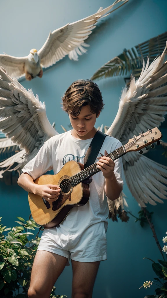 Create a professional, fantastic, cinematic dream-like Youtube Banner for a brand about music, stories, fantasy and dreams called " Penamemoria". Masterpiece, 4k, sharp focus, highest quality,wide shot. The title is " Penamemoria". Is a brand about the creative, unique journey of a boy into becoming a musician storyteller. In his journey he finds inspiration in a world of birds and feathers. Minimalistic, simple, poetic, dreamy logotype at the center of the image. The Background image is a world full of fantastic feathers, unique birds, light blue sky, soft white and light golden. Logo design of a boy guitarrist and a feather that bring memories