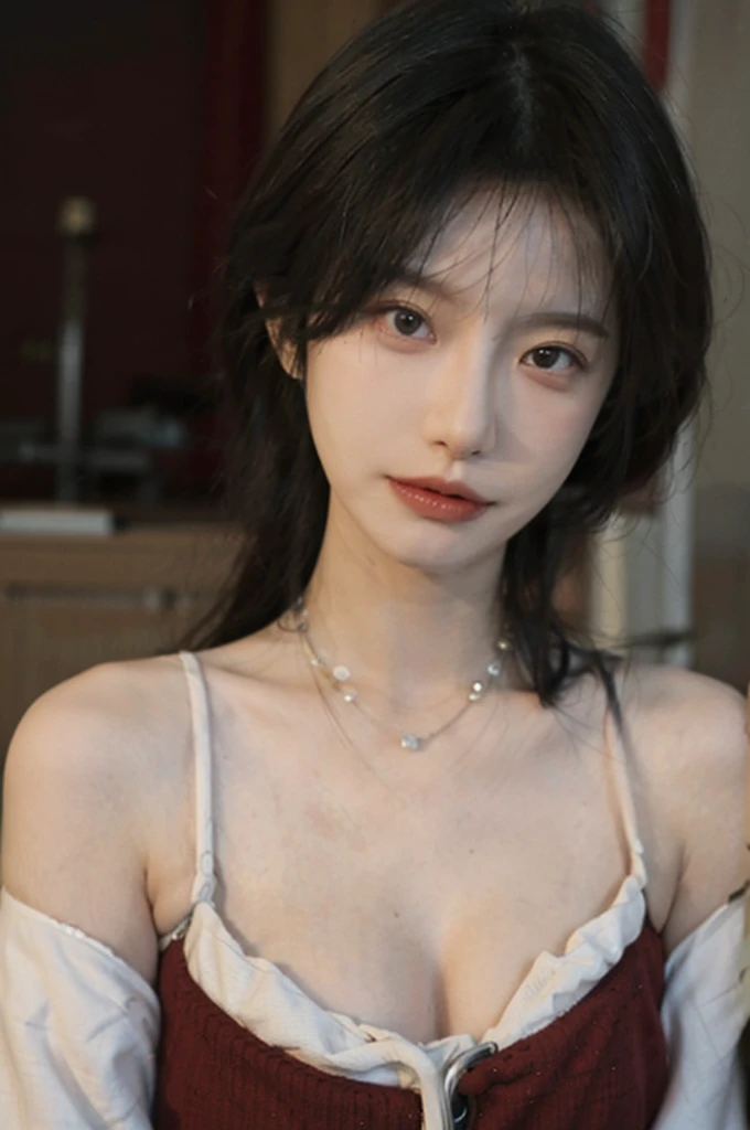 Film portrait photography, 1 girl, bare shoulders,lipstick,(flat chest:1.4), wear necklace,Big breasts,Cute expression,Exquisite makeup,Red suspenders,serene, calm, (Realistic and detailed eyes, natural skin texture, Realistic facial details), Soft dramatic lighting, depth of field, Bokeh, Vibrant details, Detailed and detailed, surreal, 35mm film, hazy, ,