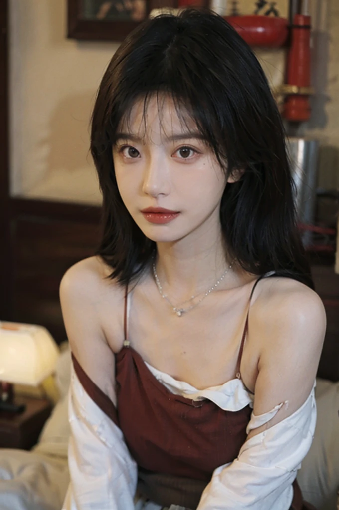 Film portrait photography, 1 girl, bare shoulders,lipstick，（flat chest：1.4）， wear necklace，Big breasts，Cute expression,Exquisite makeup，Red suspenders，serene, calm, (Realistic and detailed eyes, natural skin texture, Realistic facial details), Soft dramatic lighting, depth of field, Bokeh, Vibrant details, Detailed and detailed, surreal, 35mm film, hazy, ,