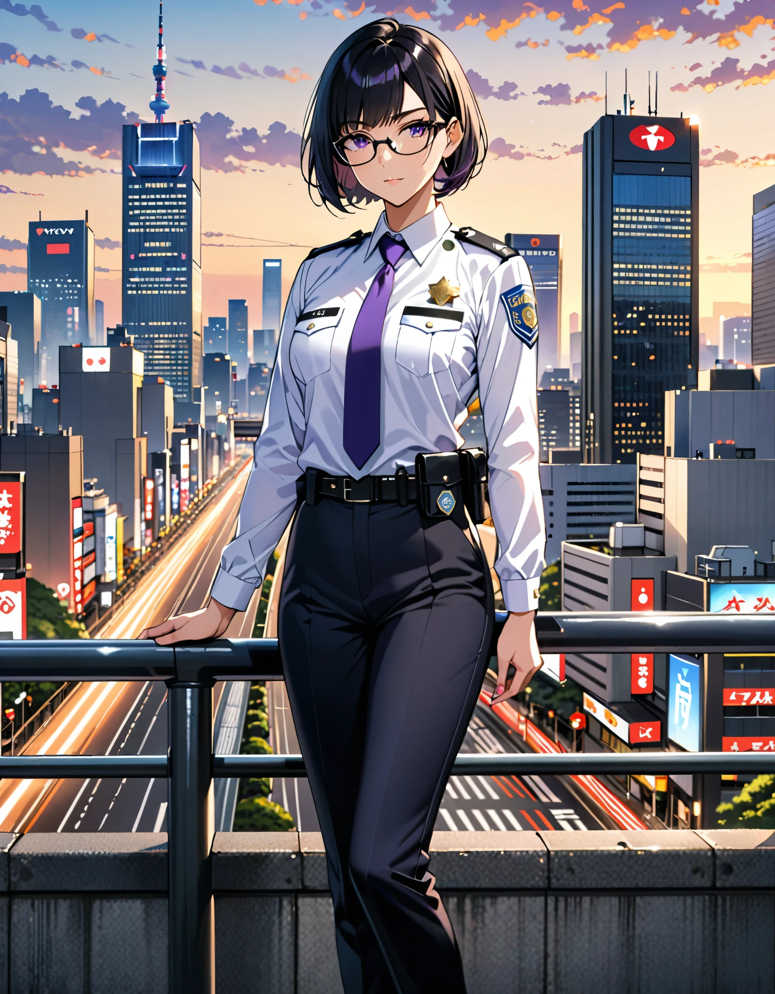 masterpiece, best quality, medium breasts, solo, (jet black hair, short hair, bob hair, purple eyes, bangs), (full body), city backdrop, tokyo city backdrop, solo, solo focus, standing, japanese police uniform, glasses, (white shirt), (black pants, tie), matching shoes, badge, (perfect hands, perfect anatomy), cowboy shot, superhero, ((beautiful detailed eyes)).
