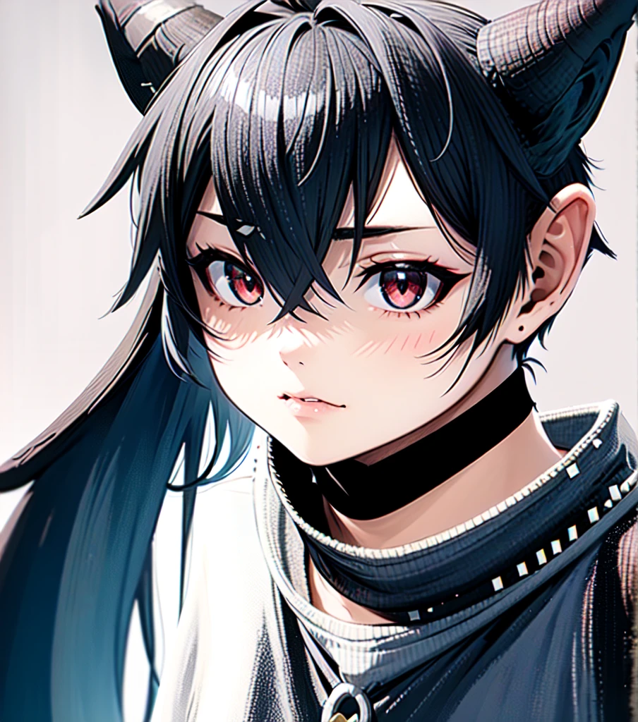 1boy, blacksmith, black hair , two horns in the head