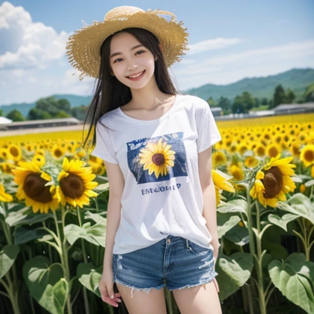 Japanese、18-year-old、Very slim、((Smiling))、Summer clothing、Blue sky、White cloud、sunflower、Straw hat、T-Shirts、Shorts