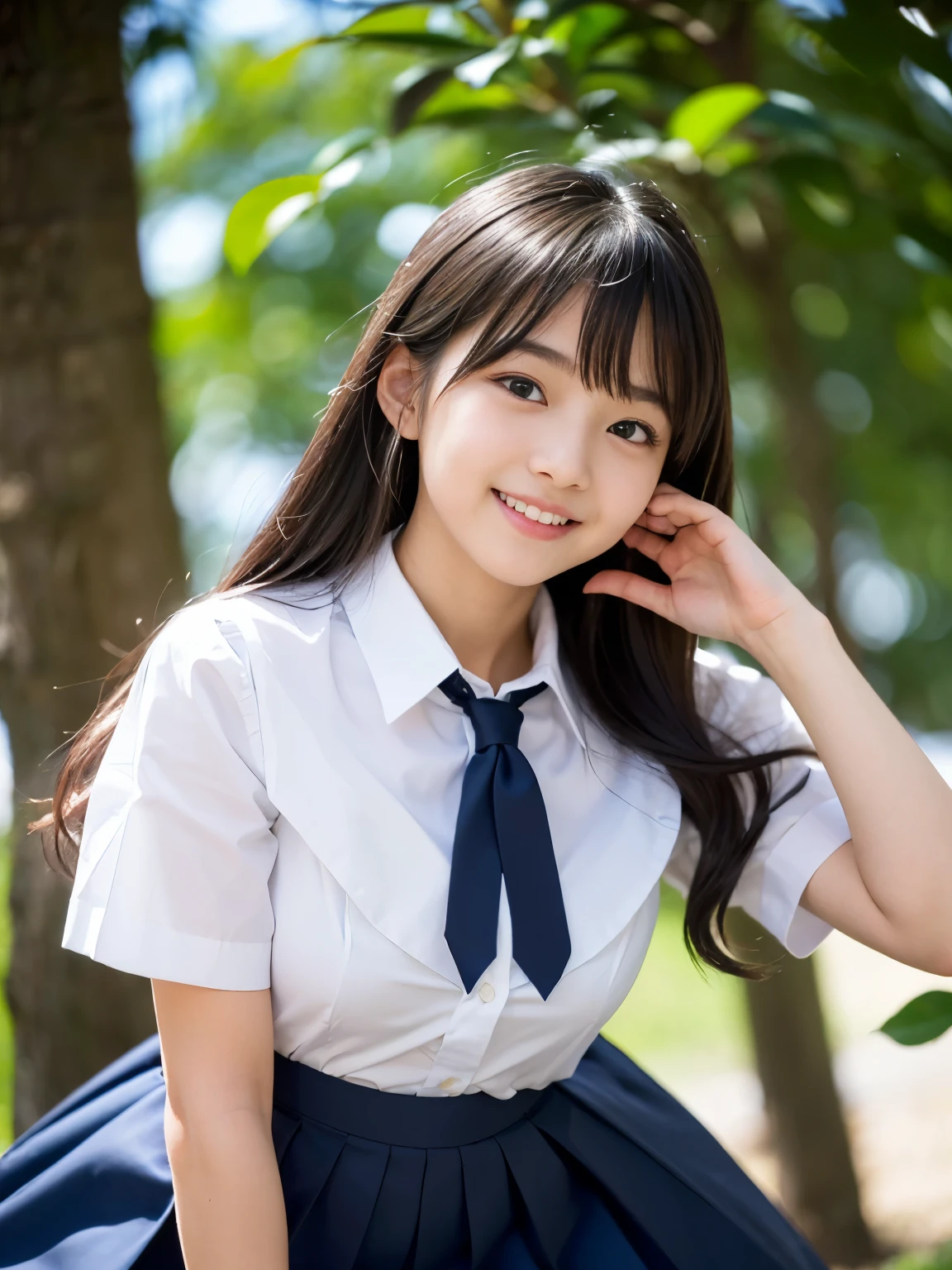 (Best-quality, Masterpiece, Ultra-High-Resolution, (Photorealistic:1.4), Raw Photo, depth of field, professional lighting, perfect anatomy, extremely details), 1girl, 15-years-old, the most famous Japanese idol, innocent smile, (((from below, low angle shot):1.3), extremely cute thighs), (extremely cute face like the most popular Japanese idol, ((extremely cute and extremely big black-eyes)), extremely beautiful black-long-hair), (((extremely realistic and extremely beautiful skins))), extremely cute long-eyelashes, extremely cute lips), ((wearing summer-high-school-uniform-white-shirt, summer-high-school-uniform-navy-blue-pleated-skirt, white-underwear))