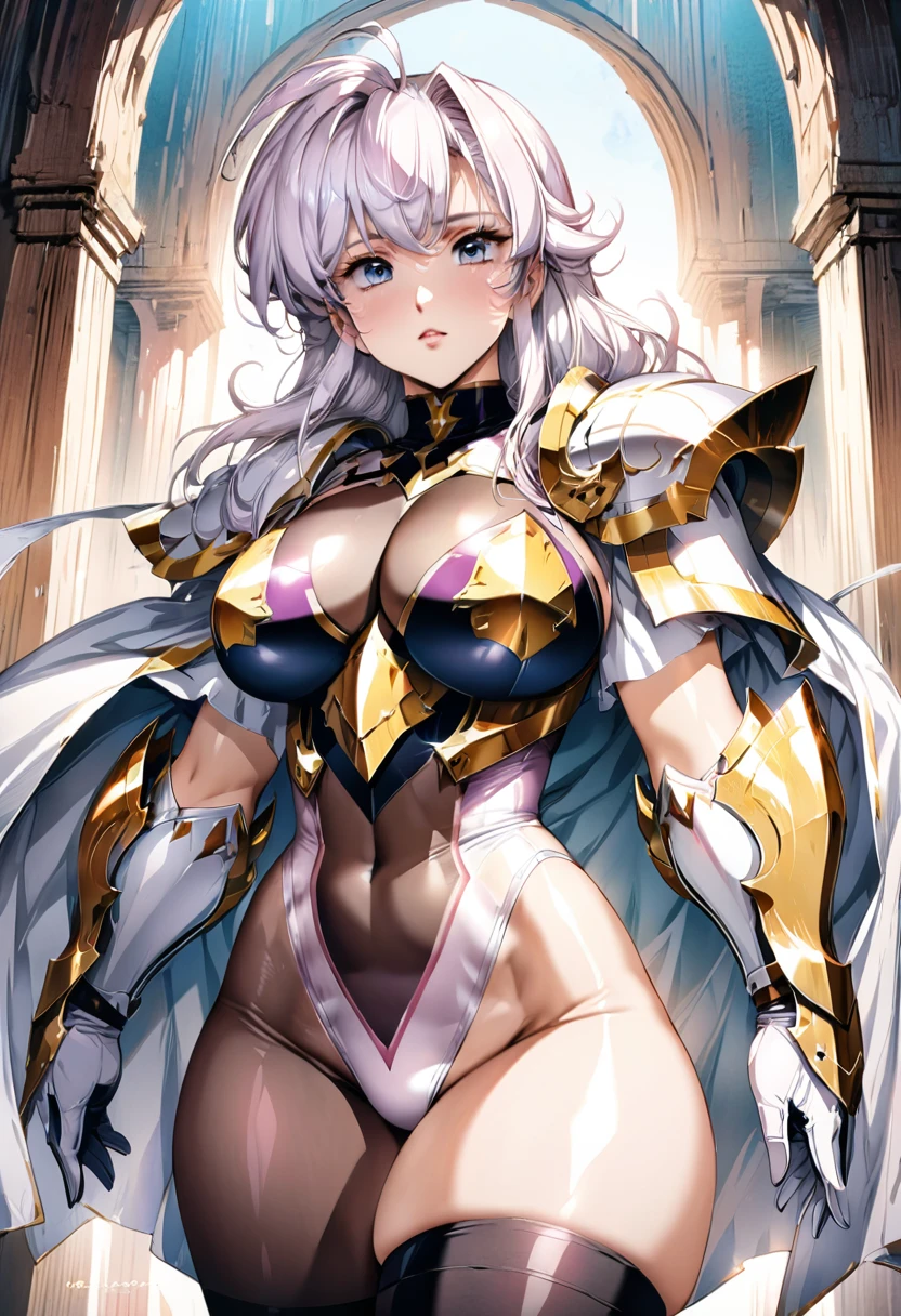 ((highest quality)), ((masterpiece)), ((hyperrealistic)), (detailed background), anime style, solo, shoot from below, 1girl, ((curvy: 1.2)), kawaii, paladin, ((Lamé racing light pink leotard)), ((see-through catsuit leotard)), (paladin armor), (breastplate armored dress), cloak de cour, gauntlet, gloves, white hair, ahoge, (huge breasts), see-through cleavage cutout, (zettai ryouiki black thigh high socks), (black see-through pantyhose thighs), (See-through pantyhose groin area), beautiful eyes, perfect face, Perfect hands, perfect fingers, Blue sky and grassland,