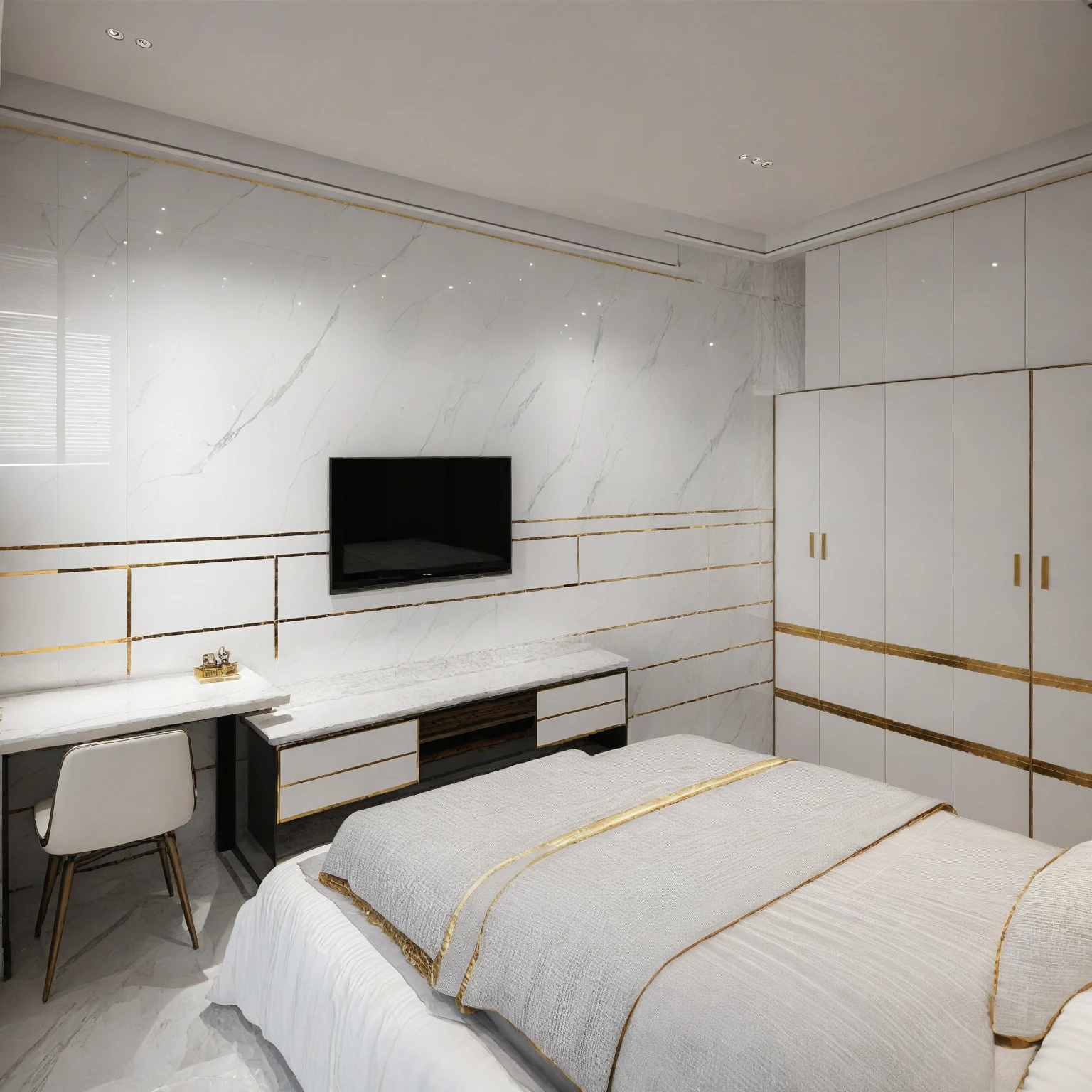 Raw photo,Masterpiece, high quality, best quality, authentic, super detail,
indoors, interior , (( BEDROOM :1.3)), modern style, daylight, (WHITE WALL),luxury, marble tile floor,