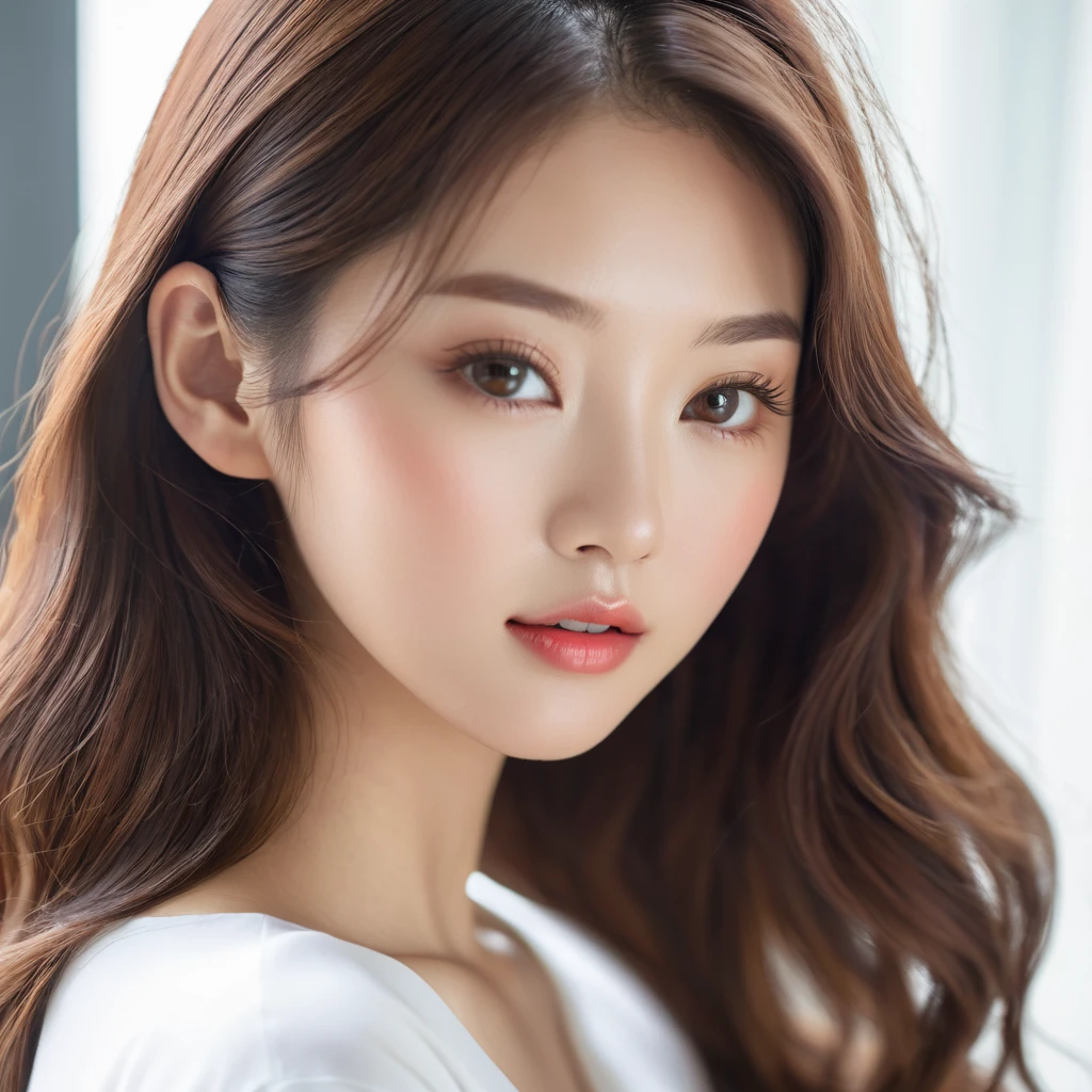 Close-up of a woman wearing a white top and brown hair, Asian beautiful face, Beautiful Korean woman, Young and beautiful Korean woman, Beautiful young Korean woman, Female beautiful face, Young and cute Korean face, Beautiful female face, Popular Korean makeup, Beautiful Japanese girl face, Beautiful Asian girl, Beautiful face woman, Popular Korean makeup, Korean facial features