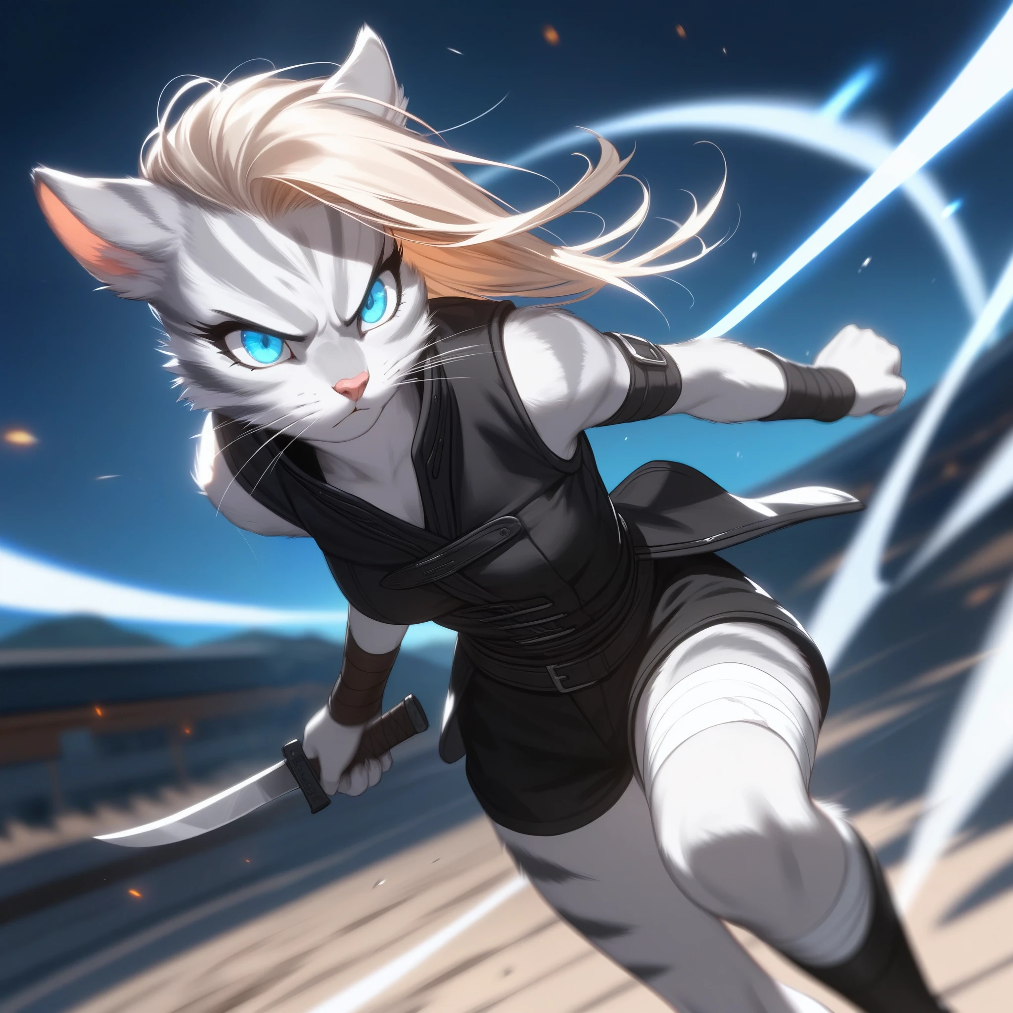 Solo, score_9,score_8_up,score_7_up, source_cartoon, cartoon, kat, Anthro furry feline, female, tall slender body, long blonde hair, long undercut hair, pink nose, blue eyes, white whiskers, silver fur, grey stripes, furry body, wearing black cloth vest, black leather medieval vest, black short shorts, adventuring gear, feet wrapped in bandages, plantigrade feet paws, holding two knives, Naruto running, running towards viewer, angry expression, glowing blue eyes, outdoors, from above, dynamic action shot, speed lines, motion blur, hands behind back