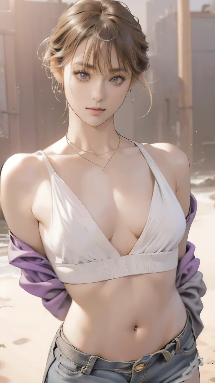 (8K、RAW Photos、Highest quality、Masseter region:1.2)、Very detailedな、Ultra-high resolution、(Realistic、Realistic photos:1.37)、Portraiture、High-resolution RAW color photos、Professional photography、hVery detailed and beautiful、Very detailed、8K Picture Wallpaper、Amazing details、Large file size、Official Art、HVery detailed CG Unity 8K wallpapers、hVery detailed beautiful girl、Very detailed顔、Very detailed目、Very detailed skin、Very detailed指、hVery detailed nose、Very detailed mouth、Perfect Anatomy、Detailed Background、Detailed clothing、1 Girl、(20:1.2)、20th generation、cute、Realistic bPetite、White skin、Glowing Skin、the body is slim、Black-haired、((Very Short Hair))、(Blunt bangs: 1.2)、cute、Zola々right、cute faces、Lively Faces、Delicate eyes、Source order、((Black and white bikini))、((Distressed jeans look))、((Red lipstick and purple eyeshadow))、((The chest is exposed:1.5))、((Exposed shoulders:1.5))、(((No good)))、(((Full nudity)))、((Backward Shot))、((Full Body Shot))、((Dreamy look))、Earrings、necklace、Looking into the camera、Cowboy Shot、positive、Standing posture、Contrapo、Dynamic Lighting、((Firm D-cup milk))、