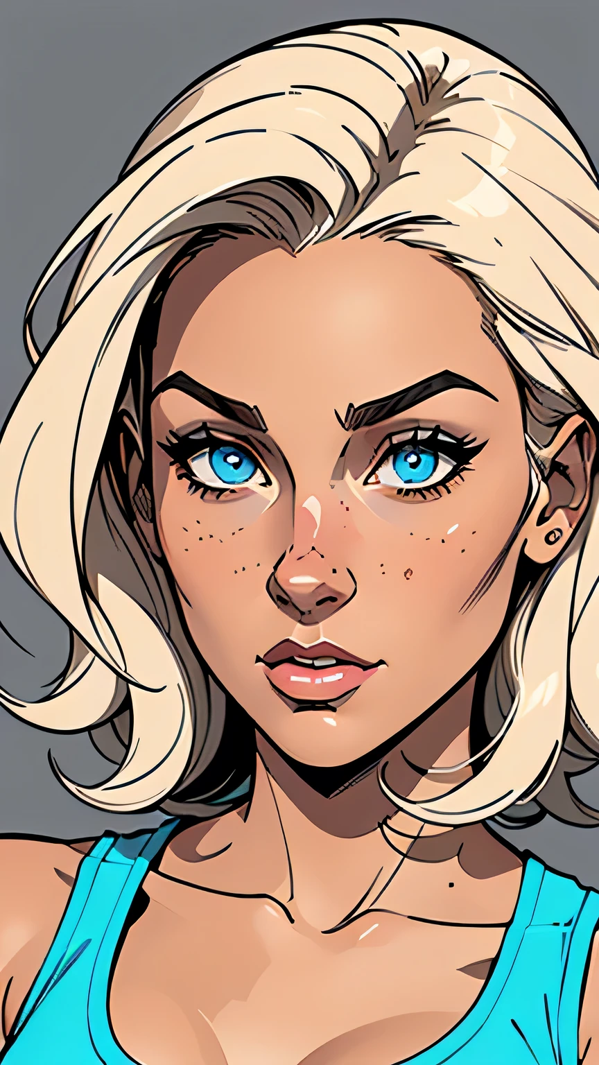 
Flat colors, a 25 year old surfer looking girl, tan skin, ([blue eyes]) Beach blonde salty hair, natural beaty, beautiful, casual, blue tank top, masterpiece, pop art, close-up, portrait, anime style, simple bold colored lineart, Cartoon style illustration, Cartoon Art Style, Digital illustration style, Highly detailed character design, cute detailed digital art,  beautiful digital illustration, high quality portrait, Comic art, Character Design Portrait, 
(([Simple grey background]))












  