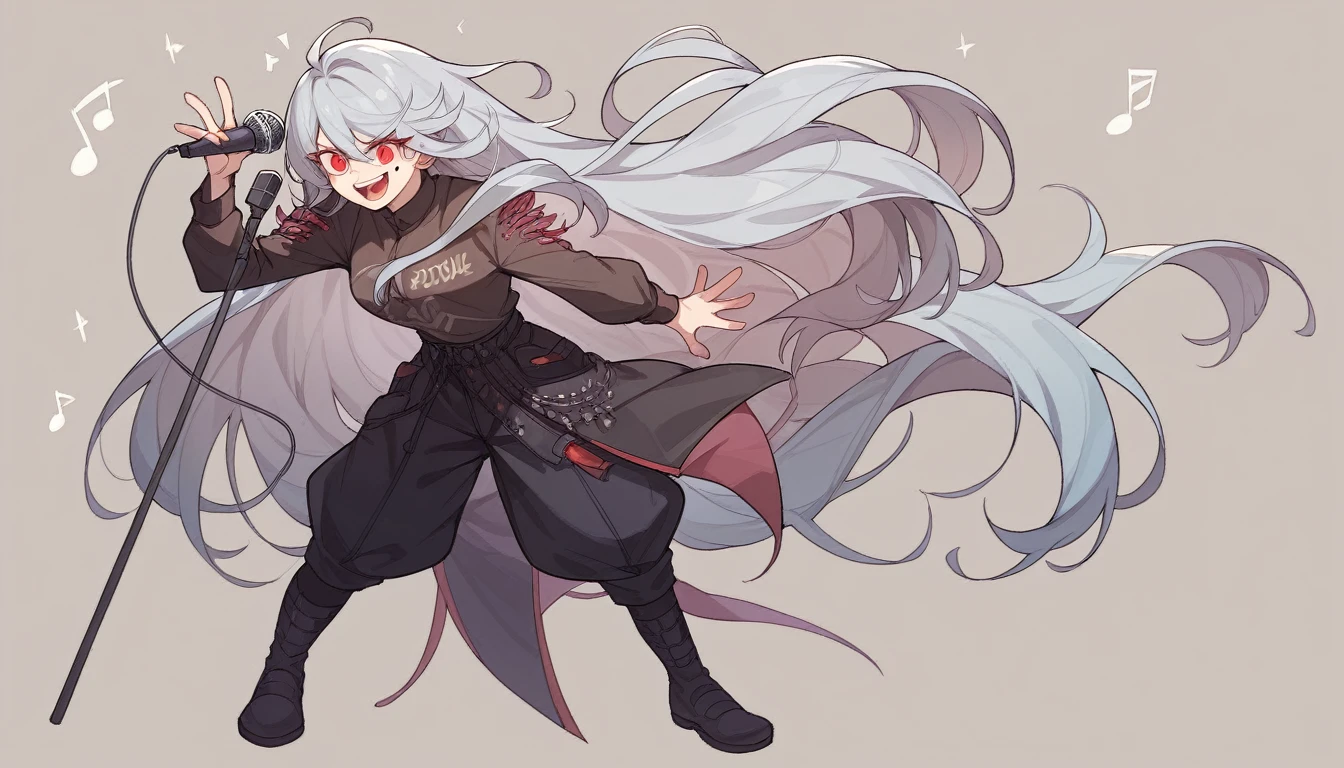 1 girl character。Model standing、whole body、gray hair color、Glowing red eyes、Long Hair、There is a mole under the left eye、Singing with a microphone、On a transparent background、Depict people only。