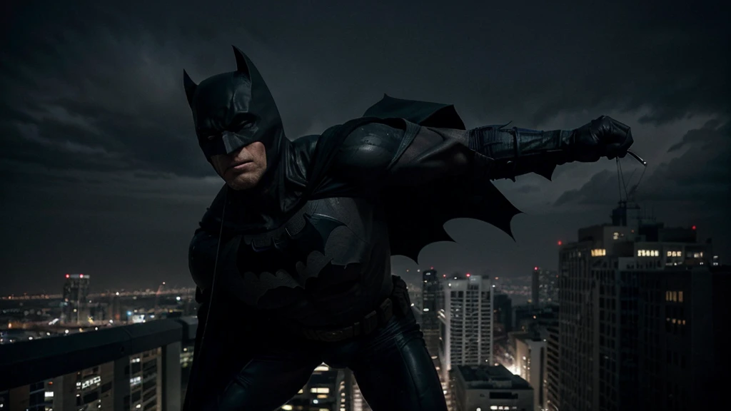 Creates a realistic, dark image of an older Batman inspired by the comic 'The Dark Knight Returns'. He displays a full-body action pose of a grey-haired and muscular Batman, his suit worn from years of battle. Batman must be on top of a building, gliding with his cape, throwing a batarang, or hanging from a rope. He highlights the age lines on his face, showing his determination and experience. The background should be a dark and gloomy Gothic city, with dramatic lighting that emphasizes the intensity of the scene. Capture the epic, almost mythical nature of an aging Dark Knight still fighting for justice.