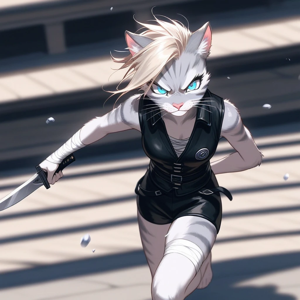 Solo, score_9,score_8_up,score_7_up, source_cartoon, cartoon, kat, Anthro furry feline, female, tall slender body, long blonde hair, long undercut hair, pink nose, blue eyes, white whiskers, silver fur, grey stripes, furry body, wearing black cloth vest, black leather medieval vest, black short shorts, adventuring gear, feet wrapped in bandages, plantigrade feet paws, holding two knives, Naruto running, running towards viewer, angry expression, glowing blue eyes, outdoors, from above, dynamic action shot, speed lines, motion blur, hands behind back