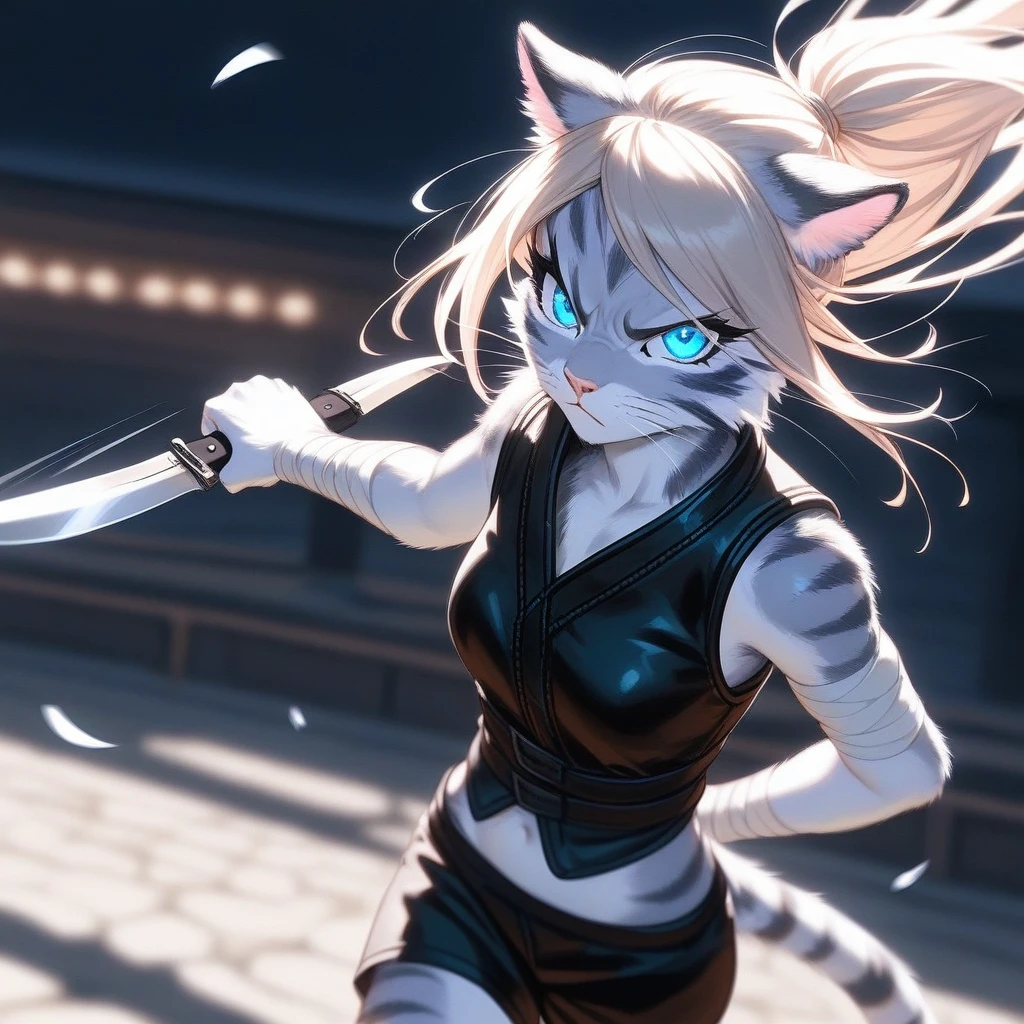 Solo, score_9,score_8_up,score_7_up, source_cartoon, cartoon, kat, Anthro furry feline, female, tall slender body, long blonde hair, long undercut hair, pink nose, blue eyes, white whiskers, silver fur, grey stripes, furry body, wearing black cloth vest, black leather medieval vest, black short shorts, adventuring gear, feet wrapped in bandages, plantigrade feet paws, holding two knives, Naruto running, running towards viewer, angry expression, glowing blue eyes, outdoors, from above, dynamic action shot, speed lines, motion blur, hands behind back, side view