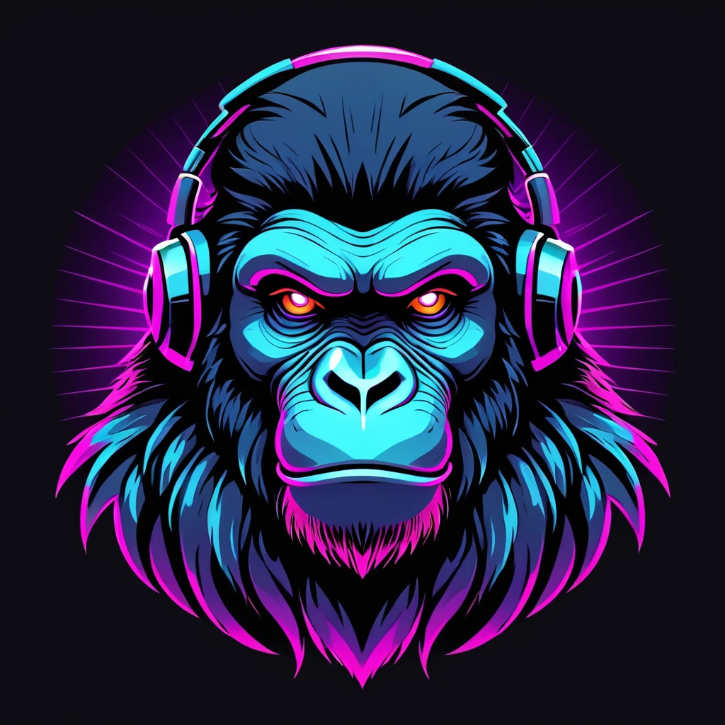 neonpunk style Ape head, hip-hop style, t-shirt design, flat colors, vector art, ((black background)) . cyberpunk, vaporwave, neon, vibes, vibrant, stunningly beautiful, crisp, detailed, sleek, ultramodern, magenta highlights, dark purple shadows, high contrast, cinematic, ultra detailed, intricate, professional