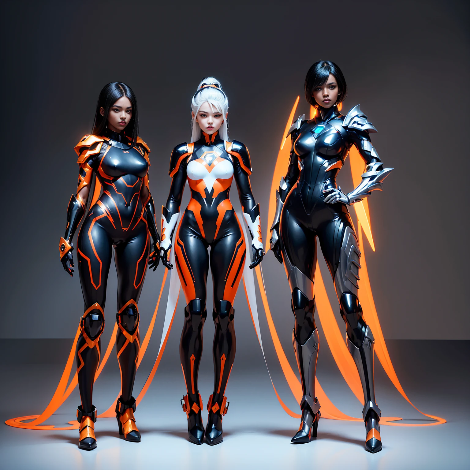 3 girls, (((lots of clothes))), full body, from head to toe, standing, Female, (((Dark Skin))), Black hair with ponytail, Light Blue Eyes, Round Glasses with Lens Slightly Dark with this Orange Lens, and the Light Blue frame, ((Black Metallic Gauntlets and Greaves with Orange and Silver Highlights)), (((The Clothes have a Mix of Modern and Tribal))), with the majority of the Color Black, but with orange parts, exposed shoulders, hips, shorts that extend to half the thigh in black. (((in hyper realistic golden lines and designed neon lit sci-fi plugsuit white mecha armor, Ethereal Aesthetic Style))) brunette beauty woman with realistic mackerel hair, intricate perfect beauty face, detailed refined eyes, detailed face, (((From face to waist))), (((Shape of beauty))), master part, 4k, UHD