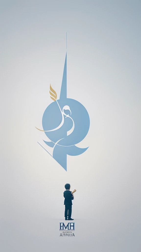 A minimal, modern, simple, cinematic logo design for the brand “Penamemoria". The logo design must be a simple, silhouette of a boy, standing up, playing acoustic guitar and fantasy feather by his side. The logo must convey a sense of music, stories, memories and dreams. Logo design impressed on a book cover. Minimalistic logo. Sky blue, white and golden as colors for the logo design
