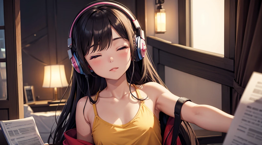 Girl with headphones enjoying music in a home　I am studying　Emphasize a little bit of the big chest　Looking towards me with eyes closed　Night Background