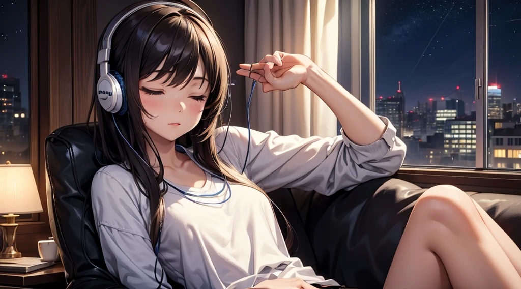 Girl with headphones enjoying music in a home　I am studying　Emphasize a little bit of the big chest　Looking towards me with eyes closed　Night Background