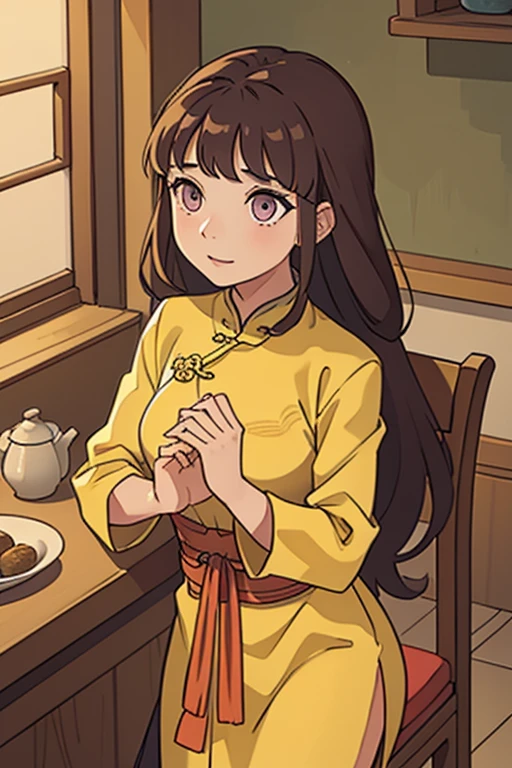 ( Best Quality, ancient china, A girl), loose hair, Brown hair, tender lilac eyes, yellow chinese dress