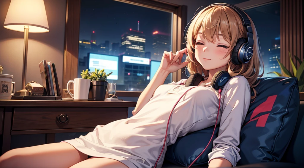 Girl with headphones enjoying music in a home I am studying Emphasize a little bit of the big chest Looking towards me with eyes closed Night Background