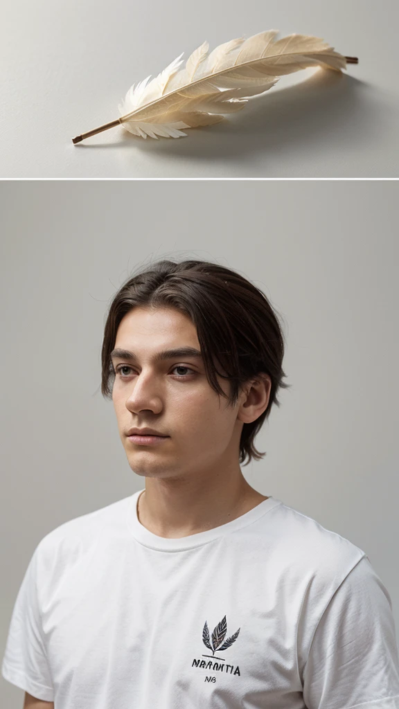 A minimal, modern, simple, cinematic logo design for the brand “Penamemoria". Create a modern, minimalistic, high-quality, logo of a boy-feather
