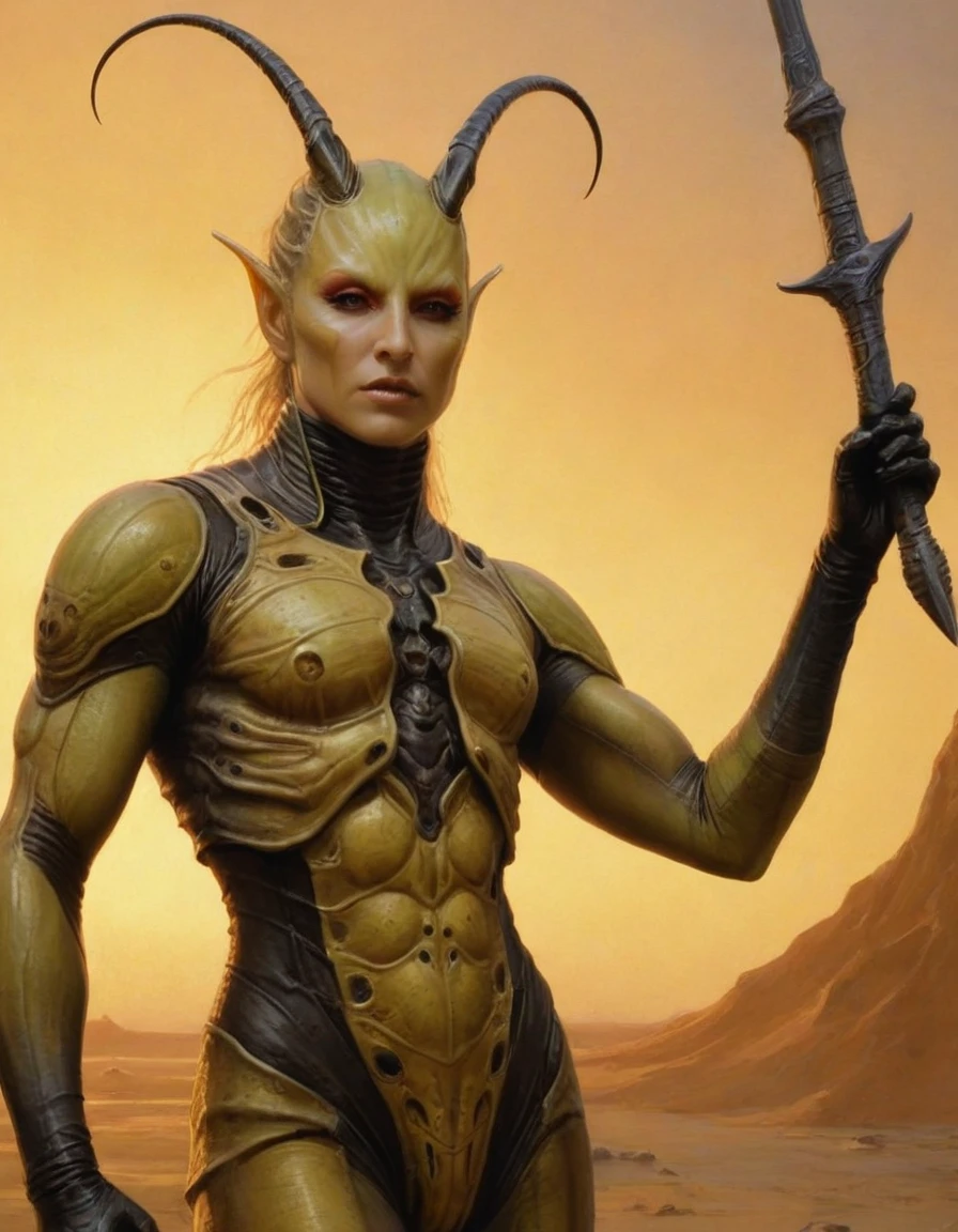 Masterpiece, (d&d concept art), (thri-kreen), epic, brutalism, highly detailed, RPG artwork, dungeons and dragons, dark sun, action pose, oil on canvas, grimdark, bold colors, (by Luis Royo and Boris Vallejo:1.1), desert, close up portrait, mantis-person, ((two additional ancillary arms:1.0)), (two legs), (sandy yellow chitin:1.0), (two antennae), (small mouth pincers), ((wings:0.0)), bug eyes, thorax