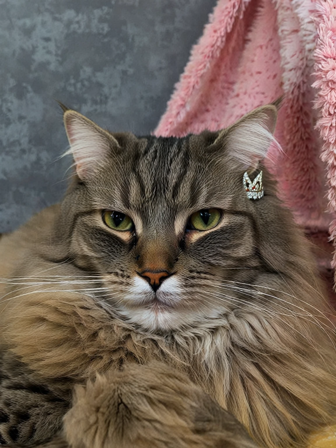 give this cat a crown on its head. Make the cat the same as the one in the original image. 