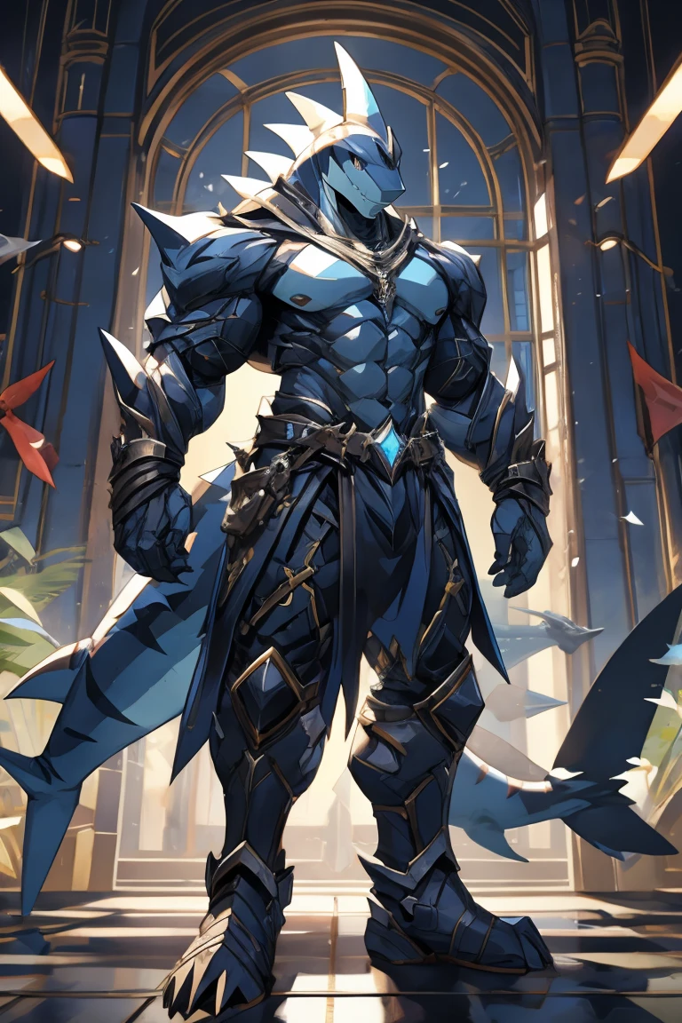 shark man medieveal in confidence pose, full body, frontal pose