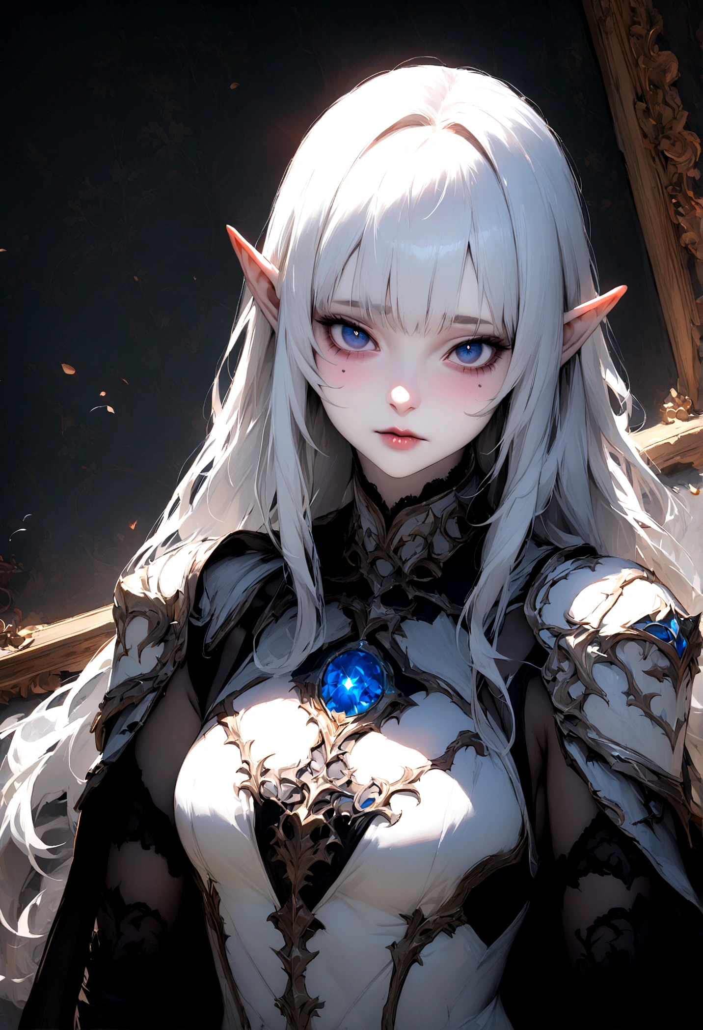 quality\(masterpiece, best quality,8k,wallpaper of extremely detailed CG unit,hight resolution,top-quality,top-quality real texture skin,hyper realisitic,increase the resolution,RAW photos,best qualtiy,highly detailed,the wallpaper\), BREAK ,1girl\(long white hair, dark blue eyes,elf, pale skin, lethargic face, dark circles under her eyes\) is looking down at viewer,light armor,fantasy
