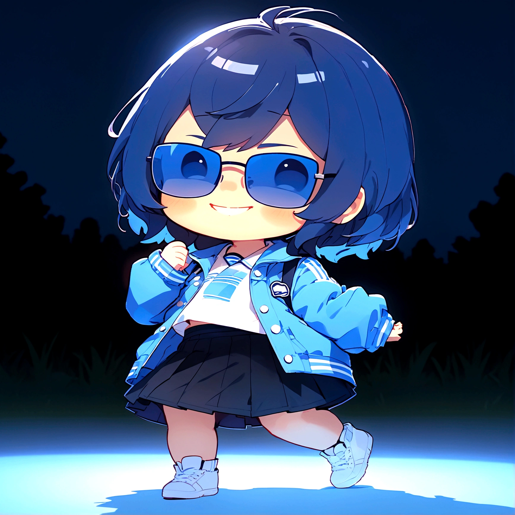 A cute boy with short hair and a skirt, blue reflections in the skirt, with a blue Adidas jacket, white shirt, black pants and white shoes, anime, chibi, HD, detailed image, looking at the viewer , Pretty smile, with dark and colorful sunglasses, illuminated environment, detailed character