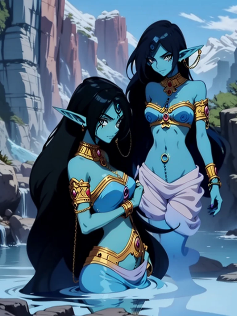 (Masterpiece, best quality, official art, 8K), ultra-detailed, 1 anime girl with blue hair and a chain around her neck, Human Hybrid Djinn, genie, (((ALONE))), Female Water Elemental Asian, Goddess Inanna, Maya Ali sorceress, The Greek goddess Afrotita, aesthetic!!!!!! (1 female genie Djinn), beautiful genie, evil goddess, Djinn character, colorful concept art, spiritual fantasy concept art, complex fantasy character, blue-skinned elf.