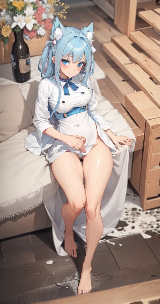 Servant girl, medium breasts, beautiful, light blue hair.