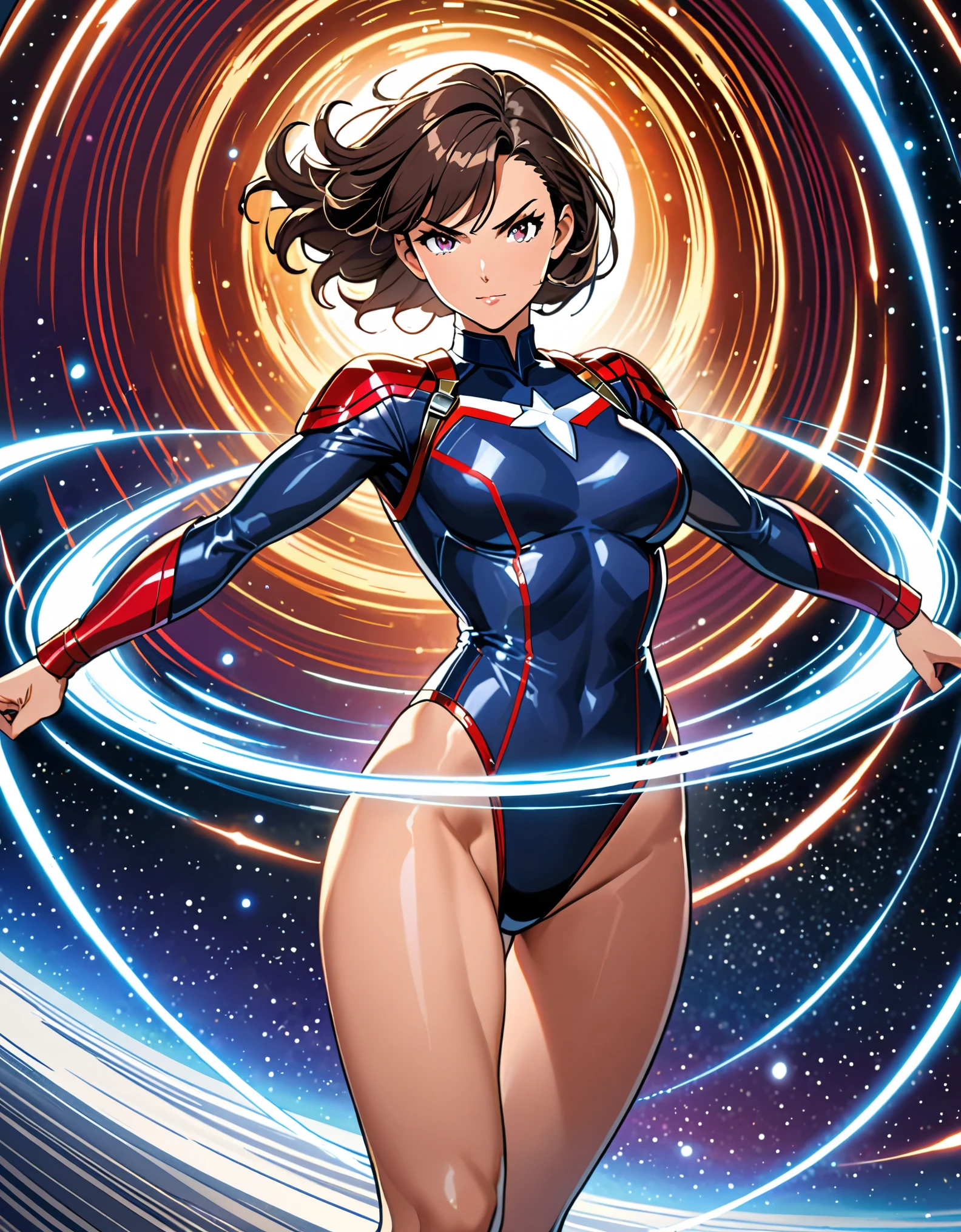 (masterpiece), (best quality), (high res), medium breasts,  (jet black hair, short hair, bob hair, purple eyes, bangs), (full body), japanese police uniform, glasses, (white shirt), (black tie), ((leotard, white and red leotard, matching leotard, bare legs)), matching shoes, badge, solo, solo focus, standing, (full body), cowboy shot, superhero, ((beautiful detailed eyes)), standing straight, full body shot, cowboy shot, superhero, mature lady, (perfect anatomy). spread arms, (spinning), (she spins) fast in place like a (tornado), spinning in place, tornado spinning, rapid gyration, (dynamic spin pose), space backdrop, motion blur, speed lines around her, spiral lines around her, tornado, time warp, (spinning energy pulse around her), light particles, serious.