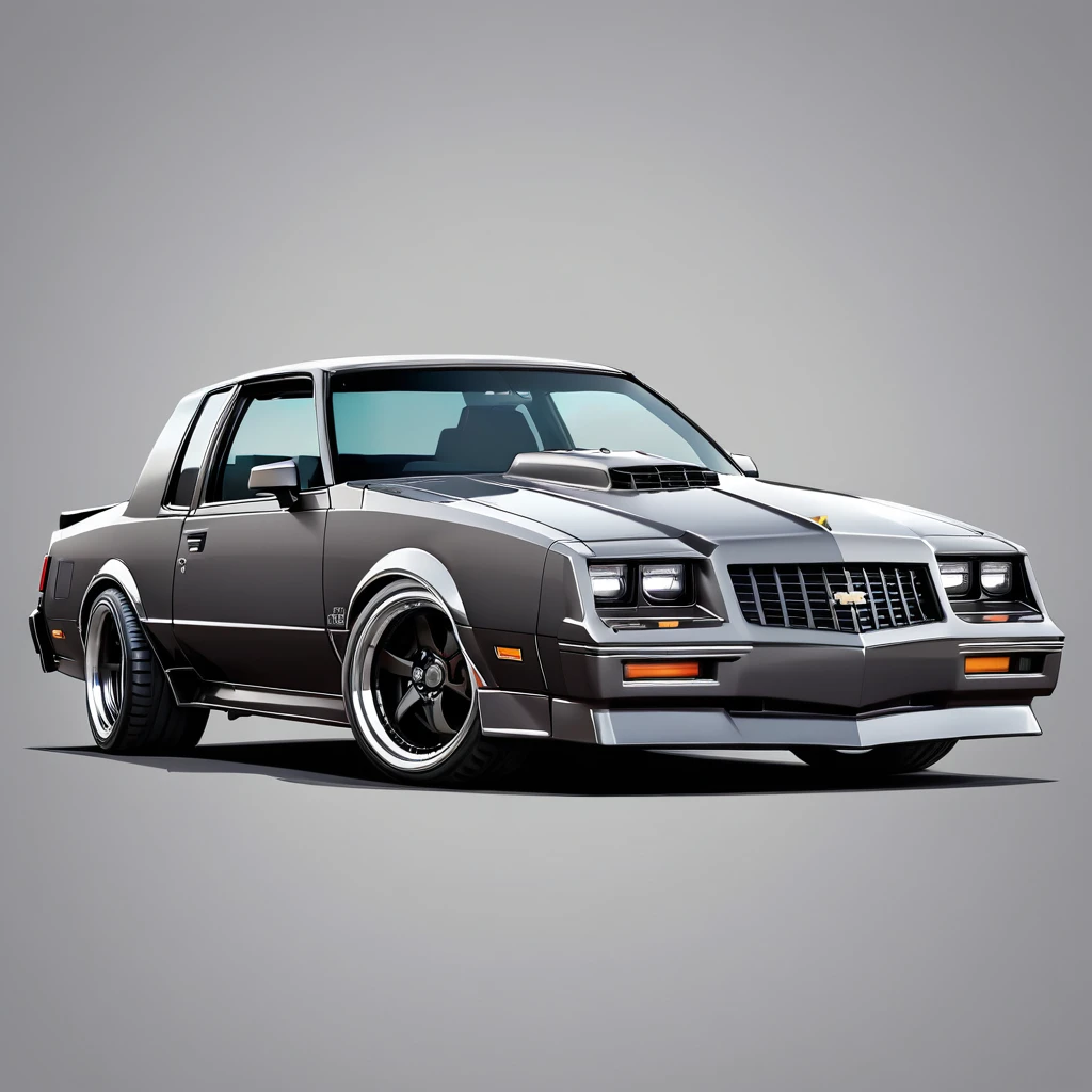  1986 Chevy monte carlo ss, pop art, cartoonish style ,detailed, illustration, slammed to the ground, large black staggered wheels, wide bodykit, masterpiece, highly detailed ((([simple grey background])))