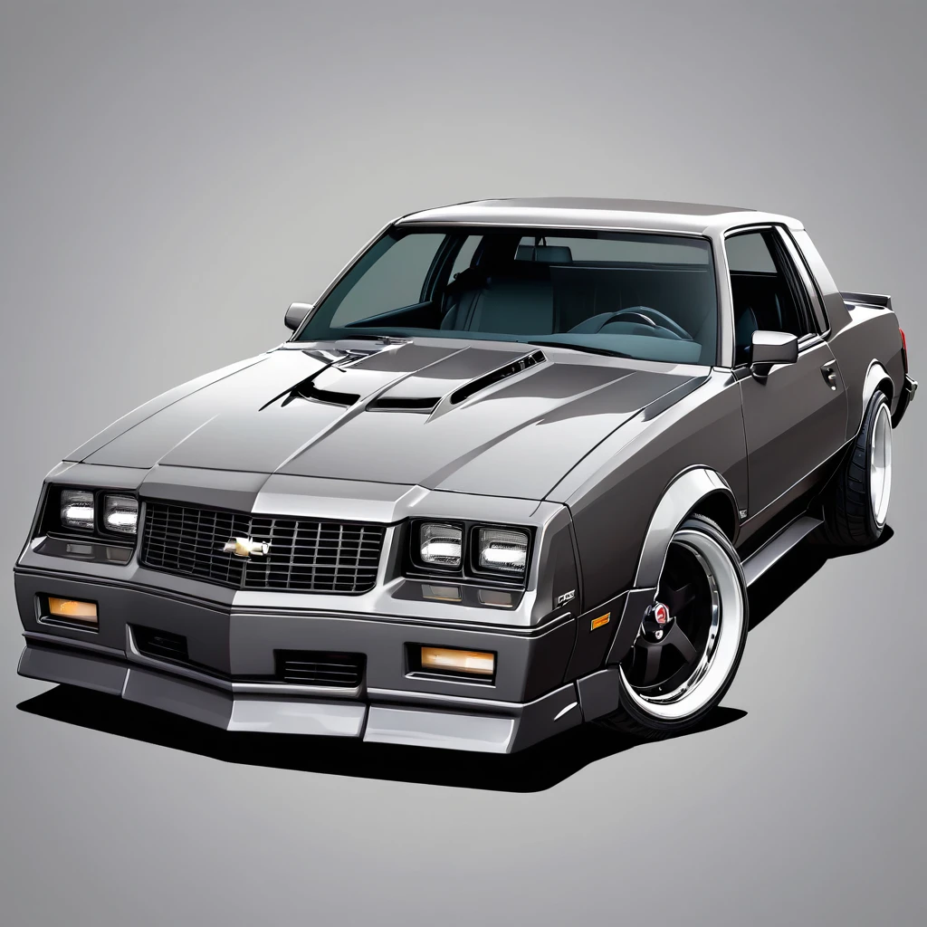  1986 Chevy monte carlo ss, pop art, cartoonish style ,detailed, illustration, slammed to the ground, large black staggered wheels, wide bodykit, masterpiece, highly detailed ((([simple grey background])))